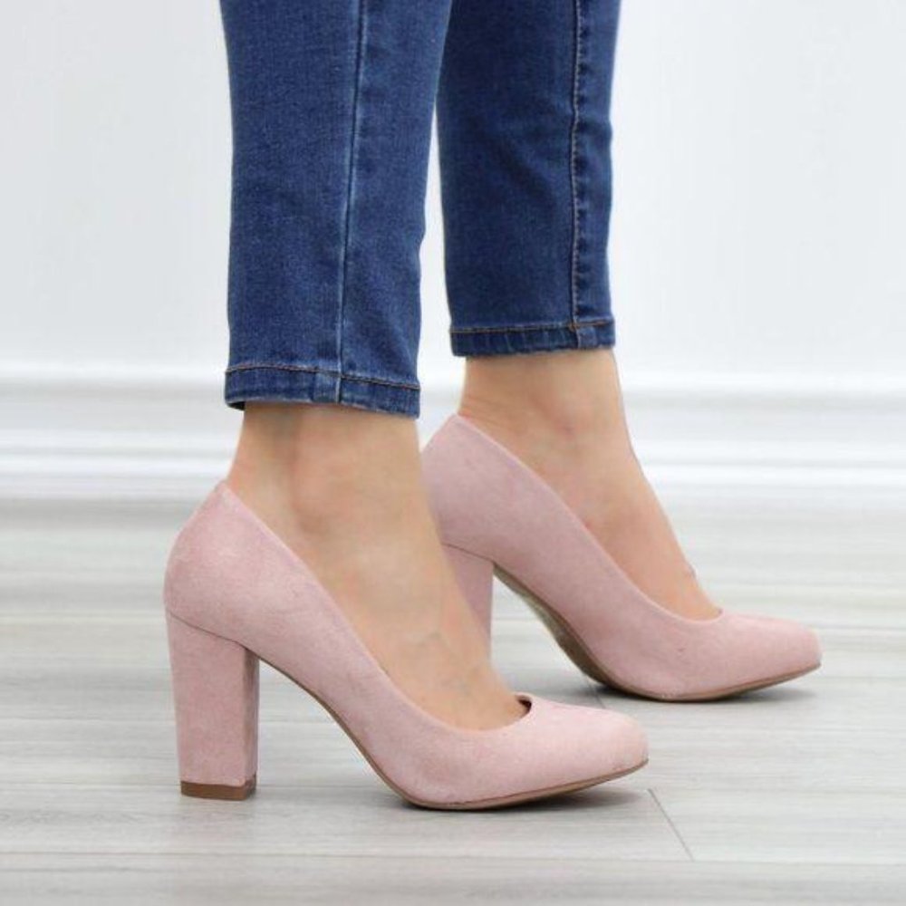 Rose Faux Suede Slip On Block High Heel Pumps - Picture 10 of 10